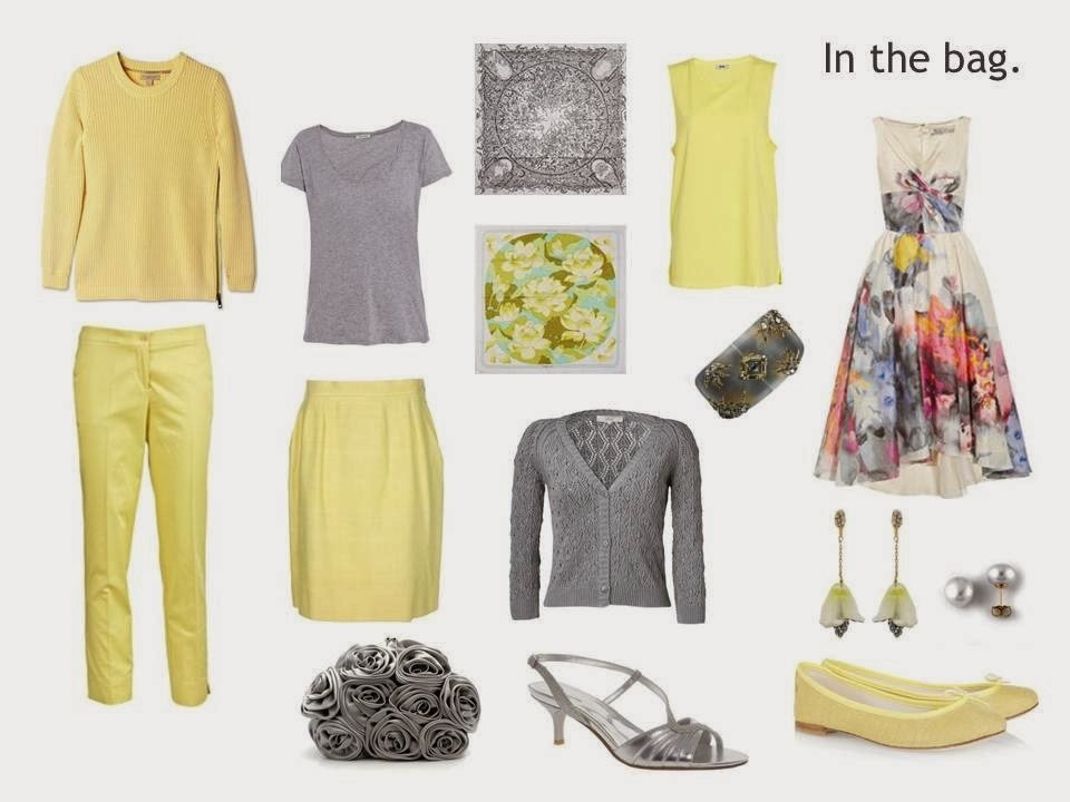 grey and yellow travel capsule wardrobe