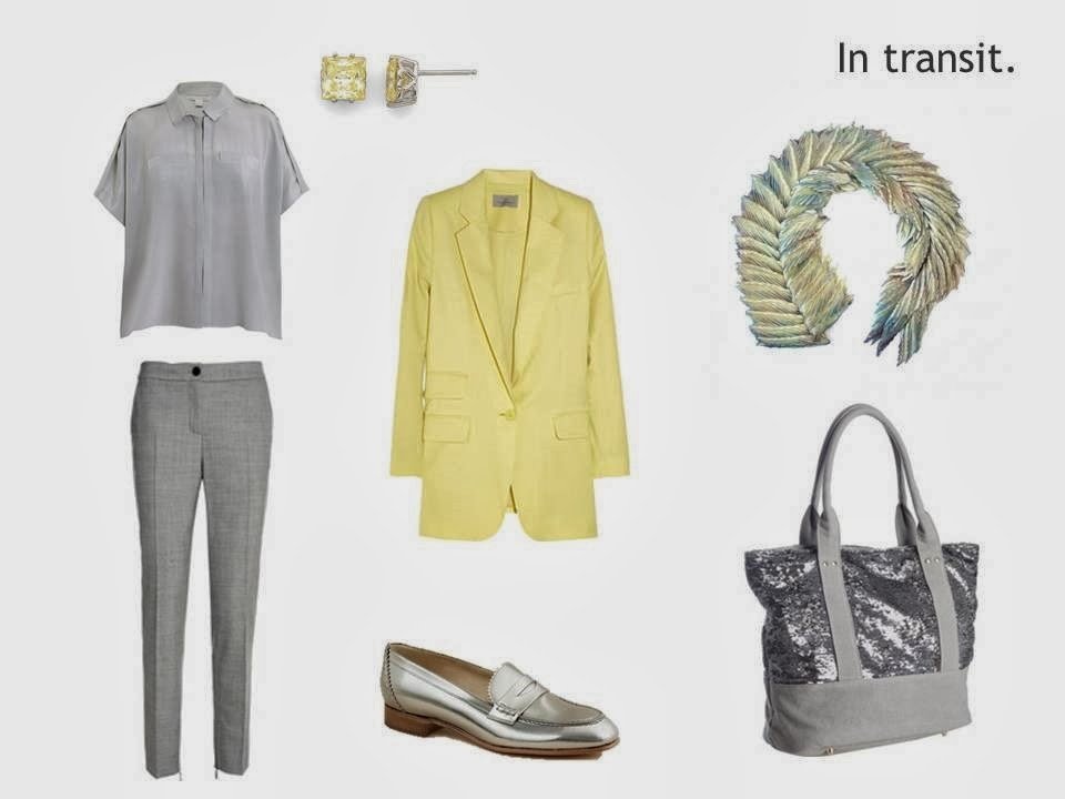 grey and yellow travel outfit