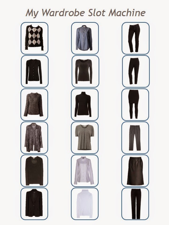 18 garments make 216 outfits! 18 perfectly interchangeable pieces of clothing in black, white, grey and denim