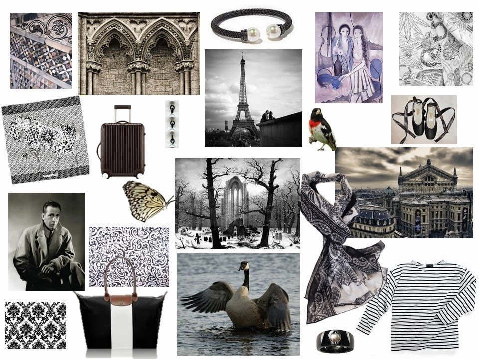 mood board in black and white with Gothic architecture and paisley and pearls