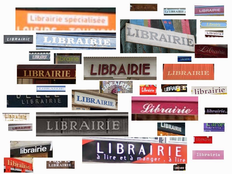 collage of Paris bookstore signs