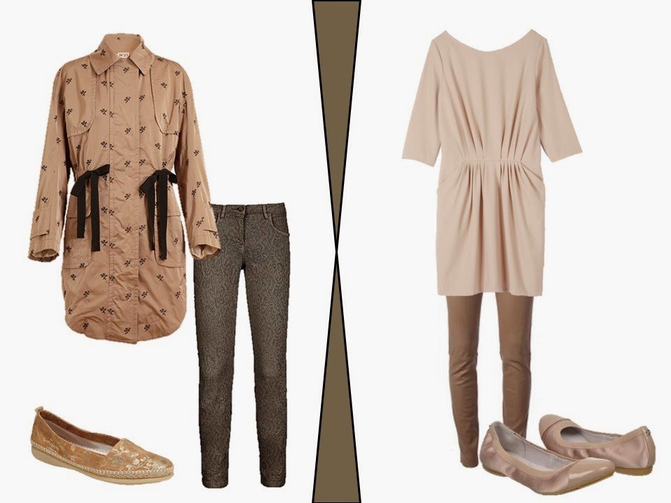 two beige and taupe outfits inspired by a beige hotel room