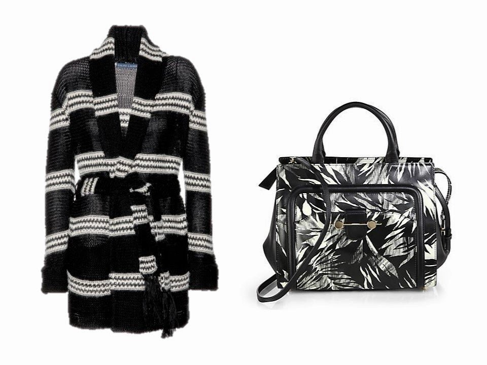 a black and white Ralph Lauren cardigan, and a Jason Wu black and white print tote bag