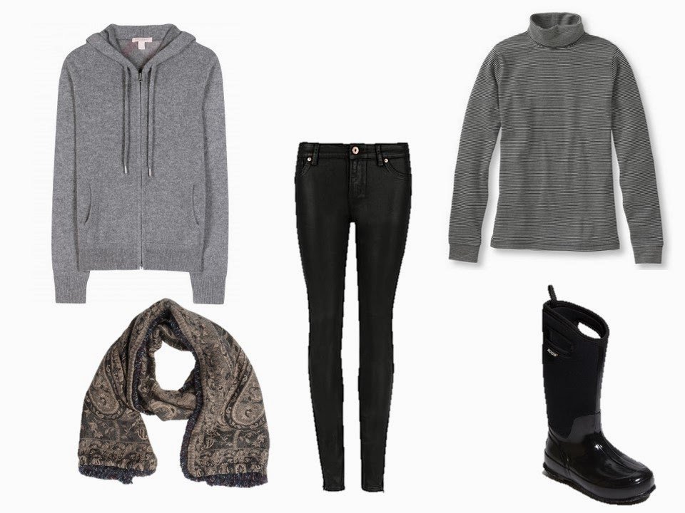 grey cashmere hooded sweatshirt, worn with a cotton turtleneck, black jeans, and snow boots