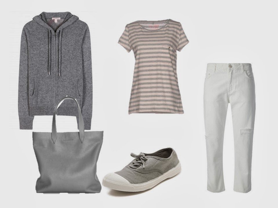 a grey hooded cashmere sweatshirt, worn with a striped tee shirt and white cropped jeans