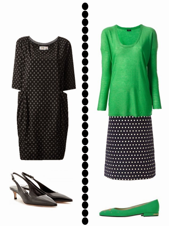 dotted dress and dotted skirt with green sweater