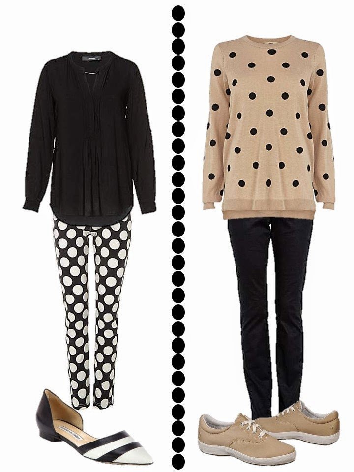 dotted pants with black blouse and dotted beige sweater with black jeans