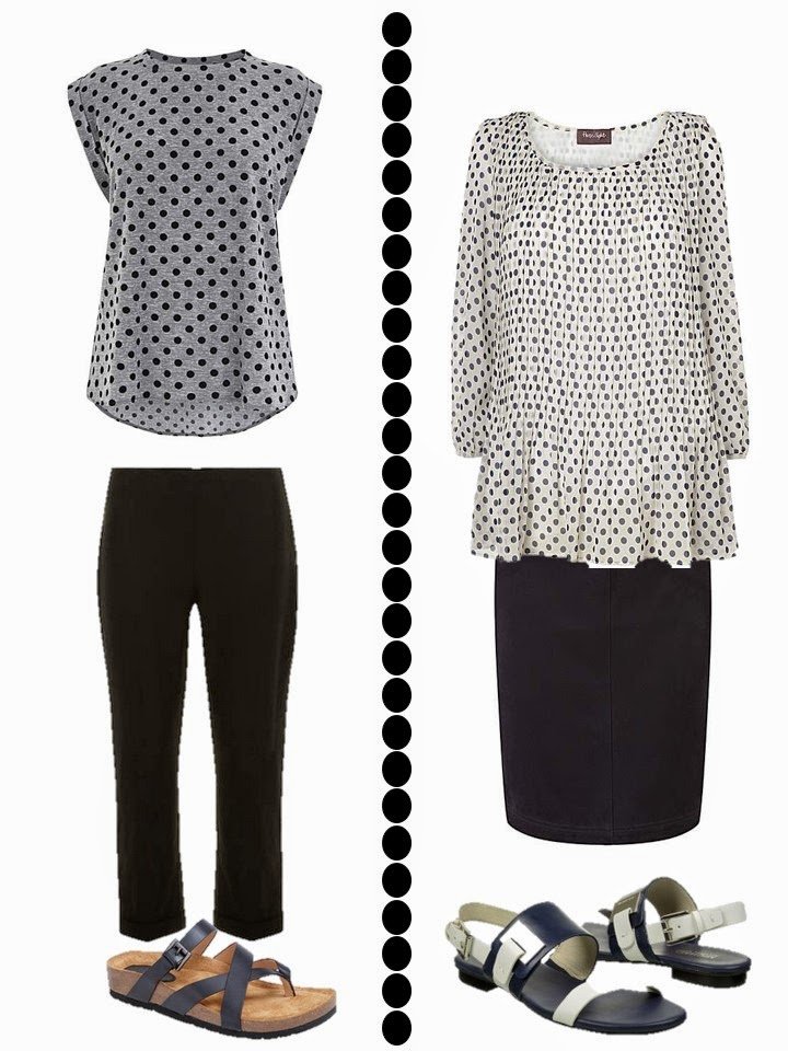 dotted grey tee with black capris and dotted tunic with black skirt