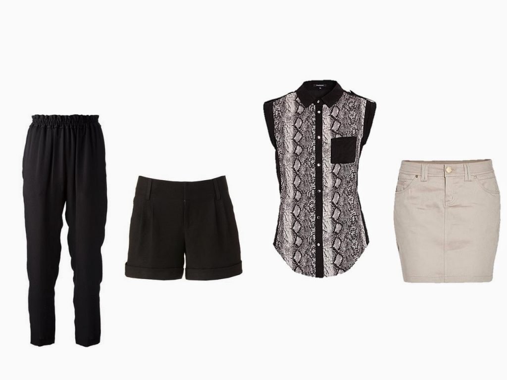 four fundamental garments: black pants, black shorts, black and beige top, beige skirt
