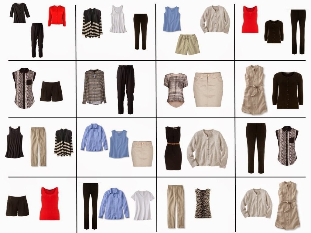 sixteen black and beige outfits with blue and red accents