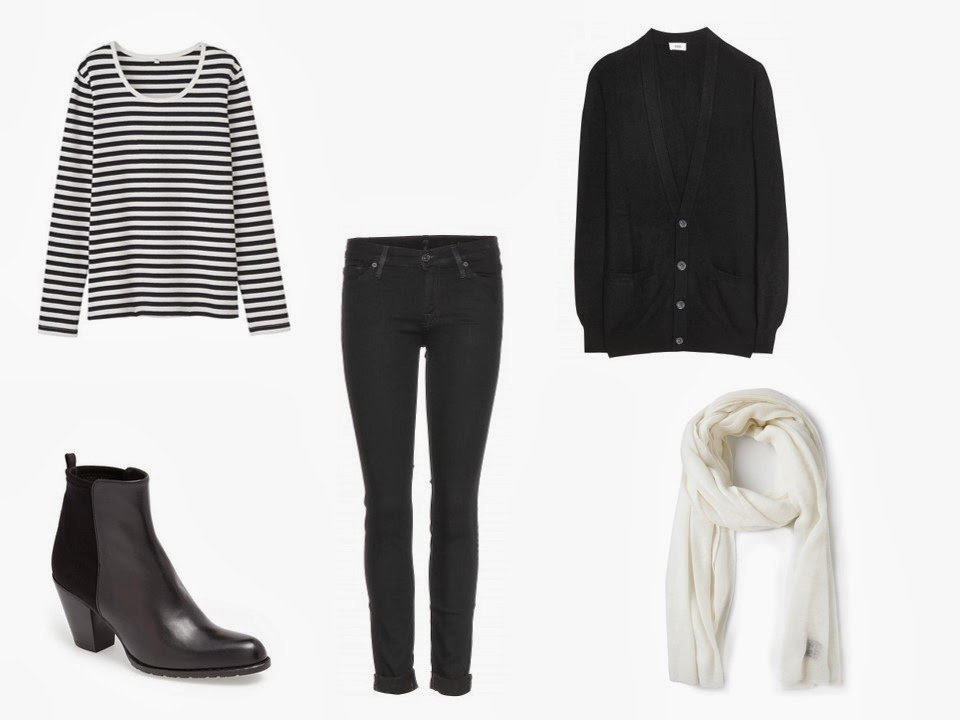 a black and white striped long sleeved tee shirt, worn with black jeans, a black cardigan, and black boots