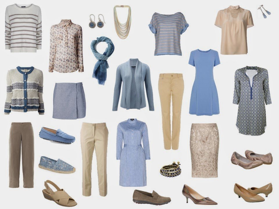 capsule travel wardrobe in soft sky blue and tank or beige