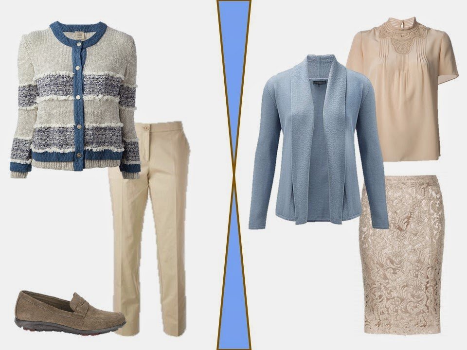 two cardigan outfits in beige and soft blue