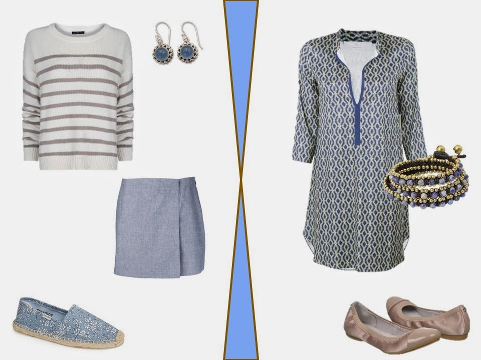 two warm weather outfits in beige and soft blue