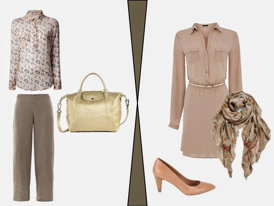 two beige and taupe outfits inspired by a beige hotel room