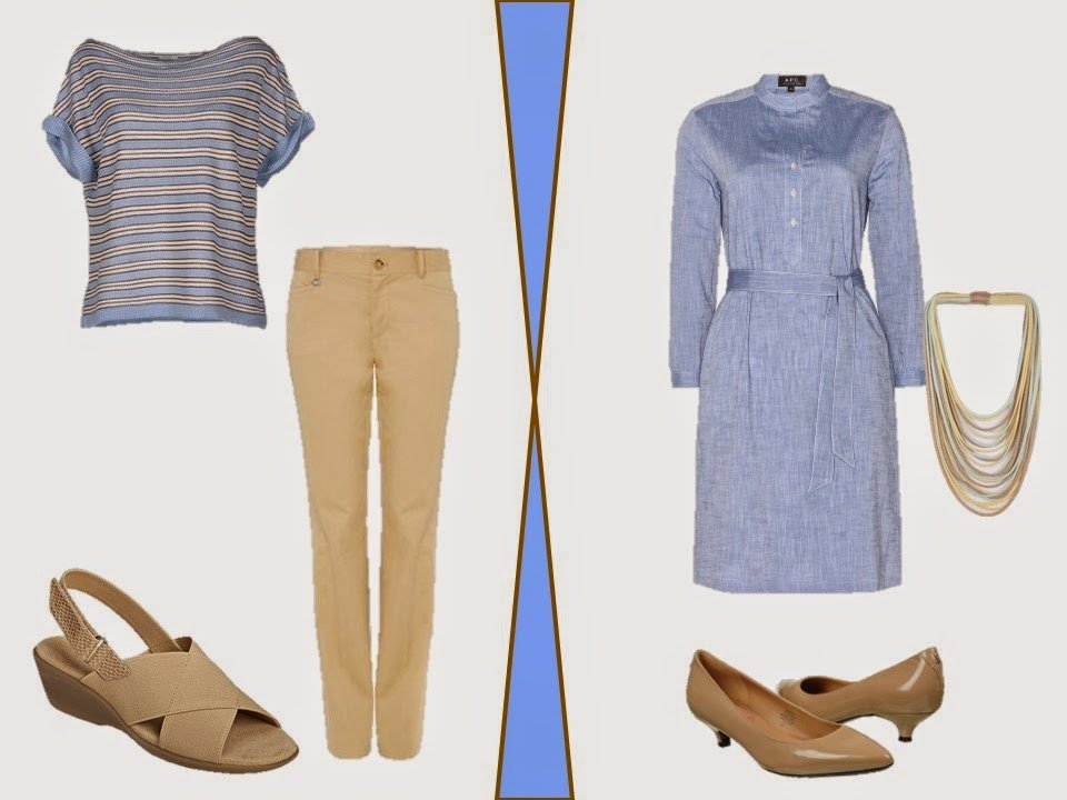 two outfits in beige and soft blue