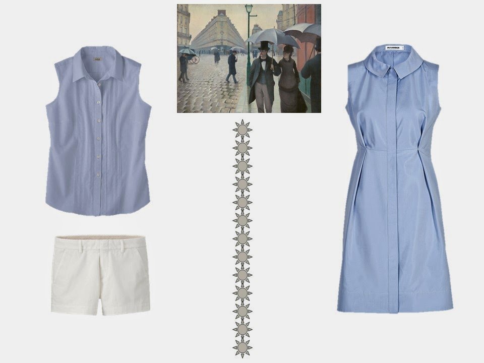 two outfits based on colors from Paris Street; Rainy Day by Gustave Caillebotte