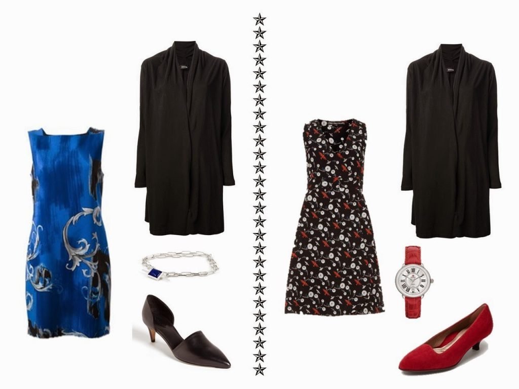 Black cardigan with a blue floral dress, and with a black, white and red floral dress