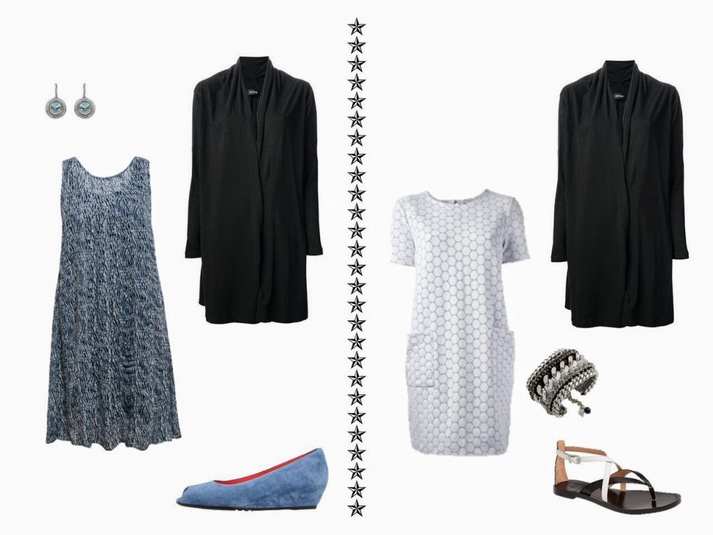 black cardigan with a blue print sleeveless dress, and with a white eyelet lace dress