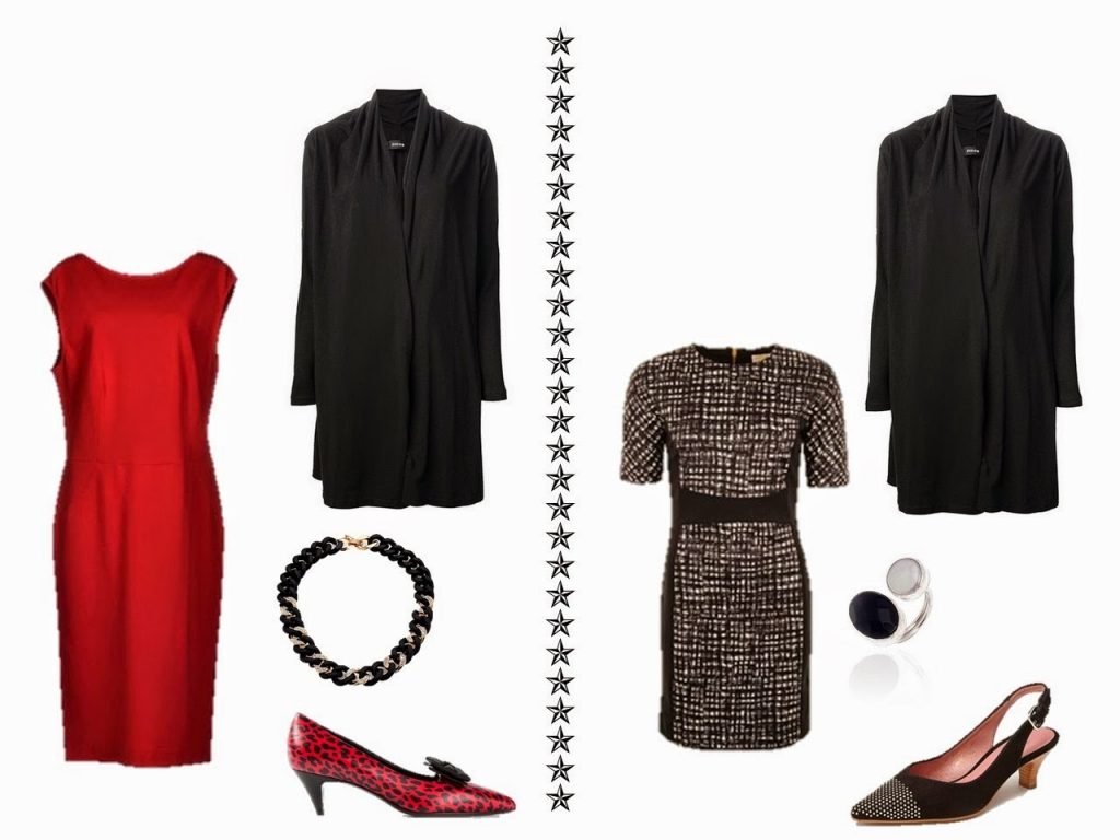 black cardigan with a red sleeveless dress, and with a black and white geometric print dress