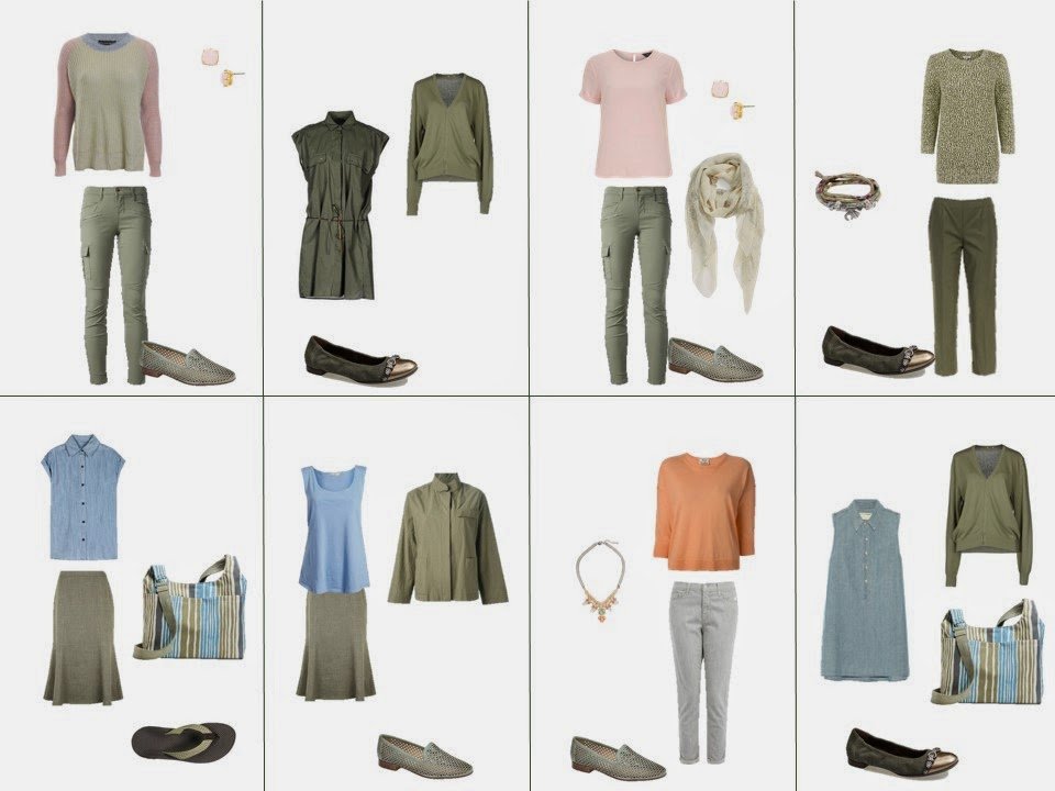 eight outfits based on the colors found in Elizabeth Blackadder's Dark Pond