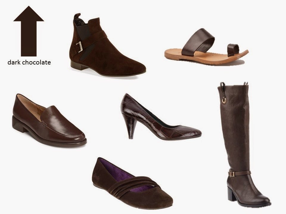 six classic shoe styles in dark chocolate