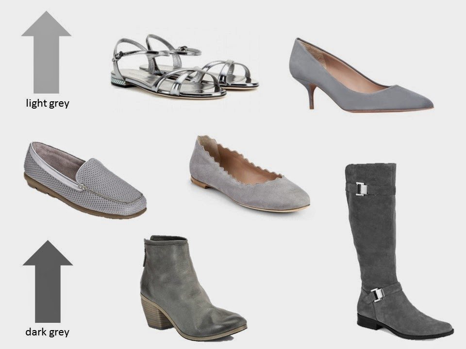 six classic shoe styles in shades of grey