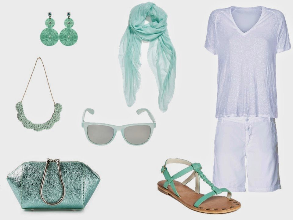 white linen tee shirt and shorts with soft mint green accessories