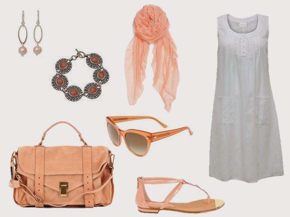 simple white summer dress with soft peach accessories