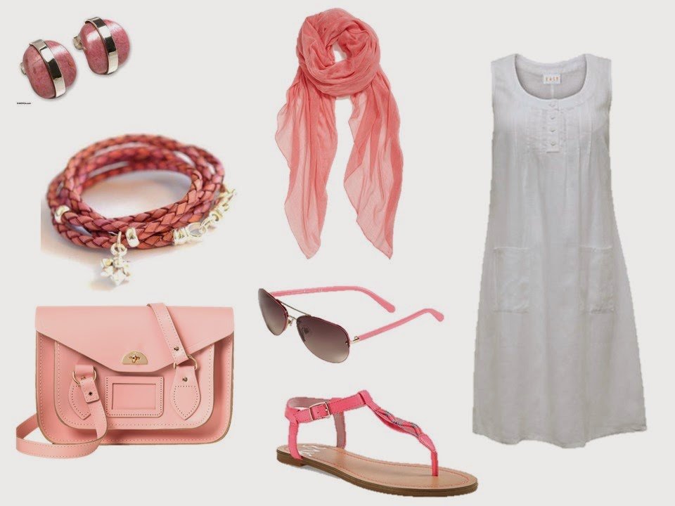 simple white summer dress with rose pink accessories