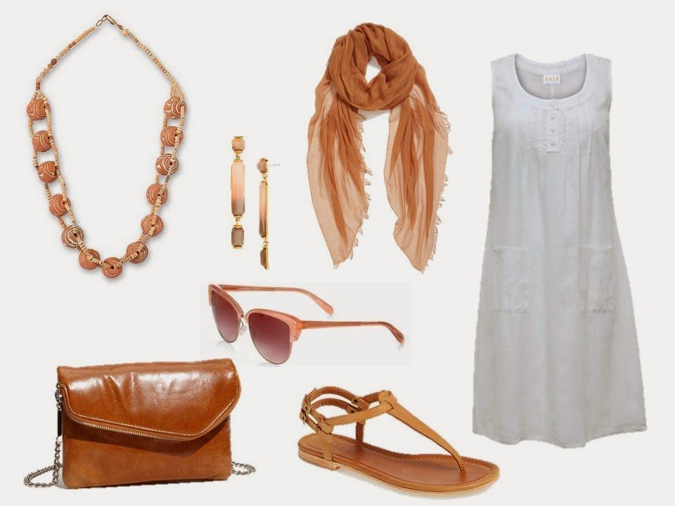 simple white summer dress with soft terra cotta accessories