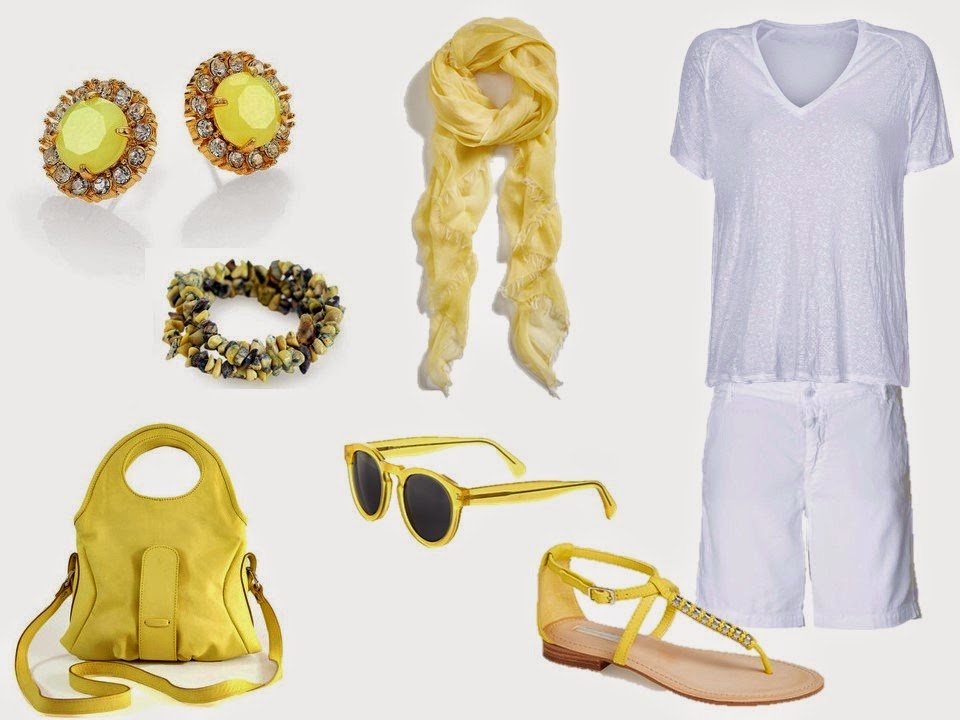 white linen tee shirt and shorts with soft yellow accessories