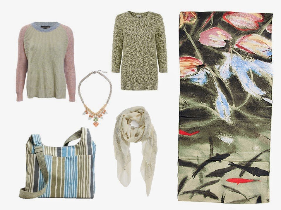 two sweaters, a necklace, a bag and a scarf to coordinate with Elizabeth Blackadder's Dark Pond