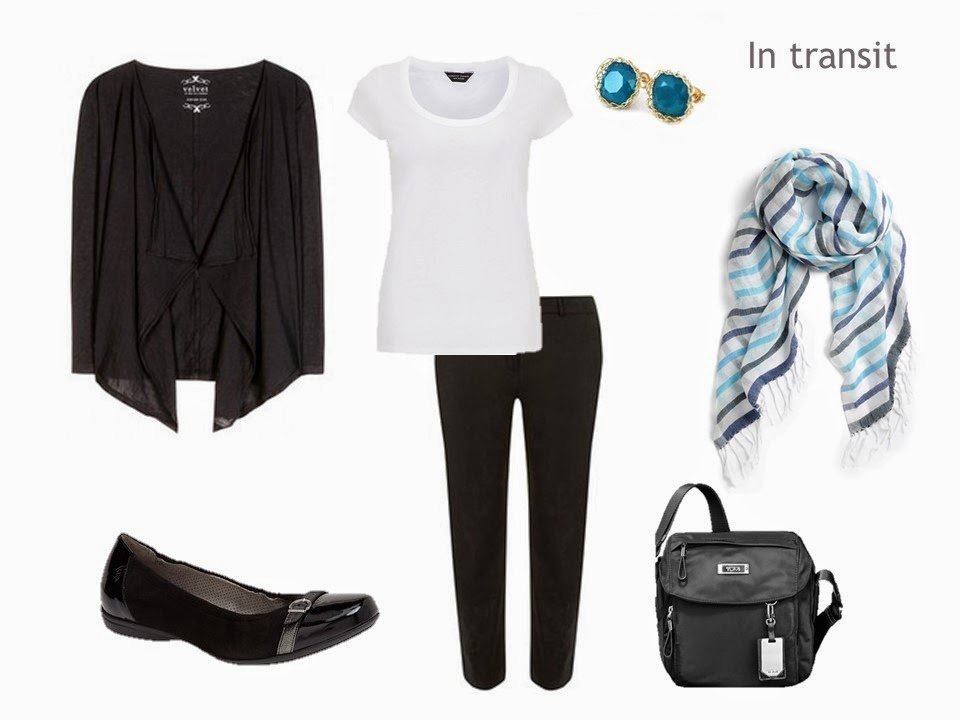 black white and turquoise hot weather travel outfit