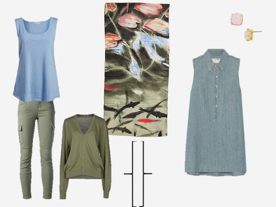 olive green trousers and sweater with light blue top; chambray dress