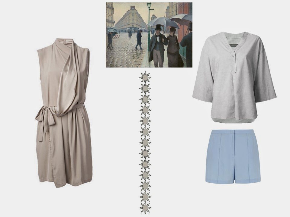 two outfits based on colors from Paris Street; Rainy Day by Gustave Caillebotte