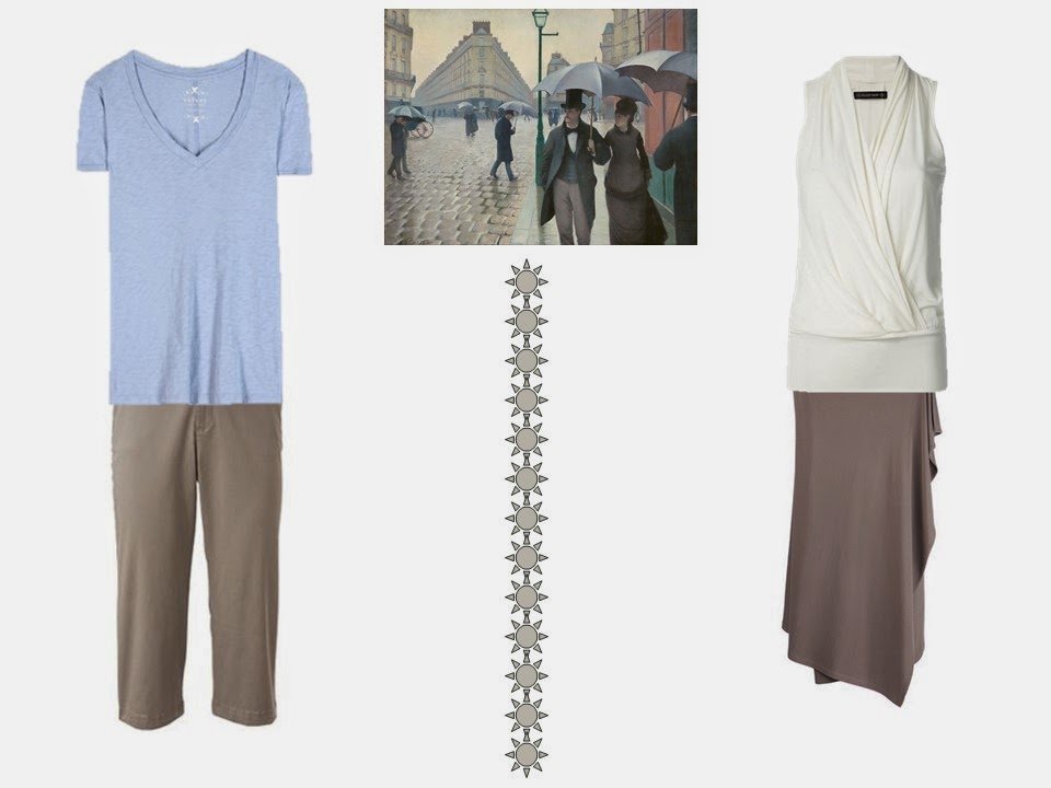 two outfits based on colors from Paris Street; Rainy Day by Gustave Caillebotte