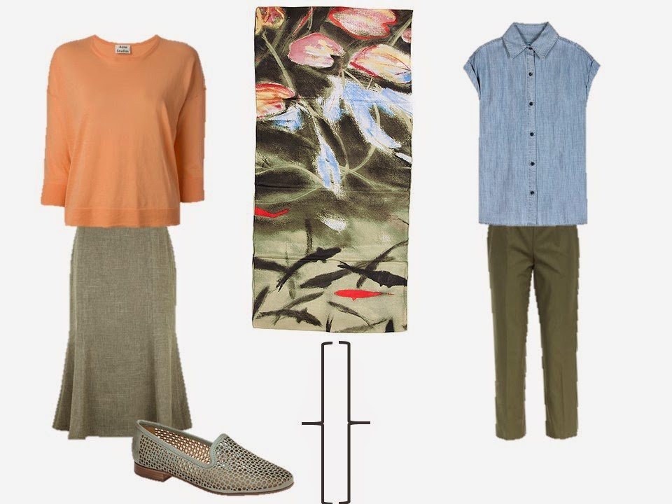 apricot sweater and olive skirt; sleeveless chambray shirt and olive trousers