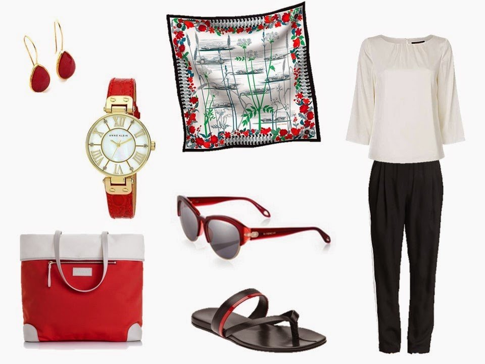 Hermes Bolide with a white silk blouse, black silk pants, and red accessories