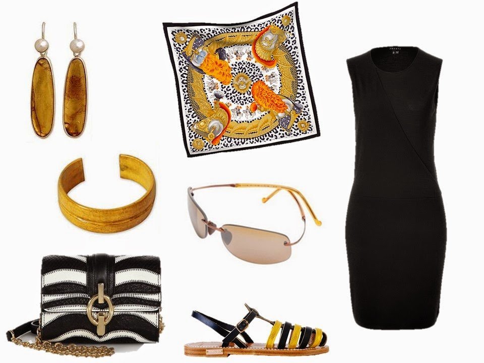 Hermes Casques et Plumets with a black dress and rich golden yellow accessories