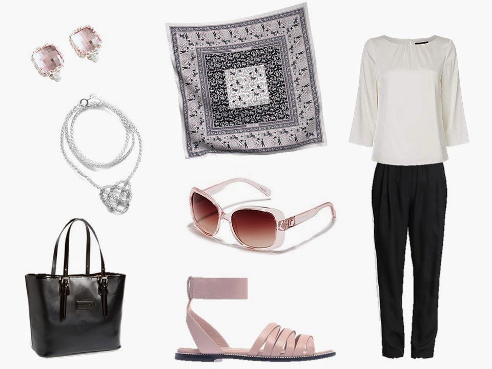 Hermes Chasse en Inde with white silk blouse, black silk pants and related rose accessories