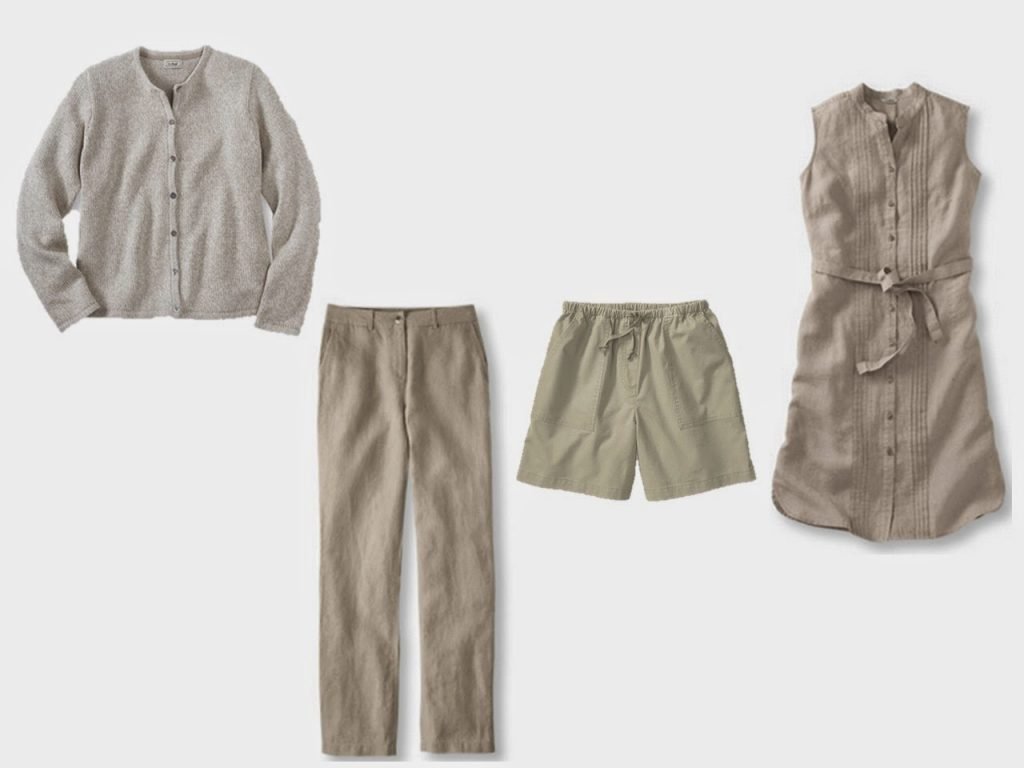 beige core of four wardrobe of cardigan dress pants and shorts