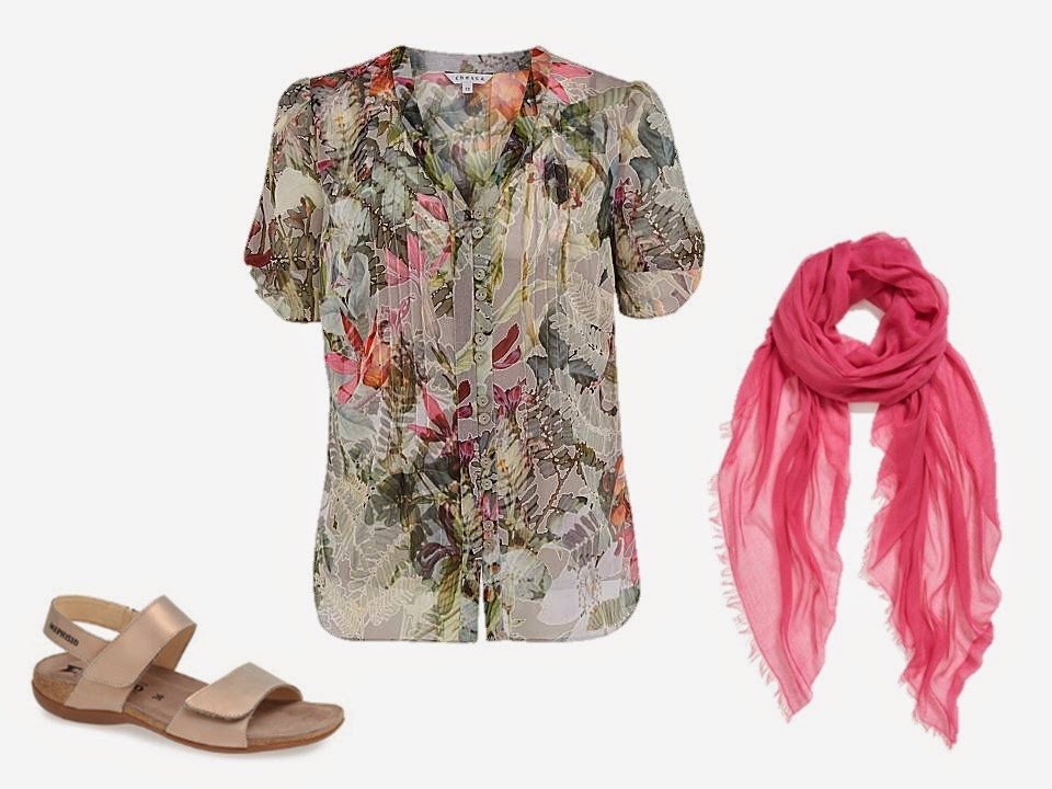 subtle floral blouse, neutral sandals and a pink scarf