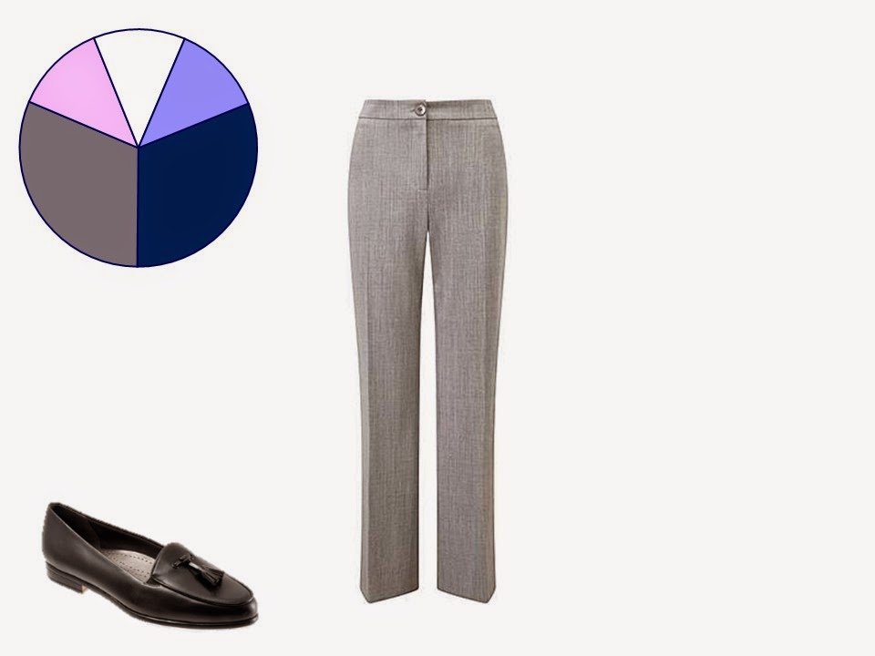 grey women's trousers with classic black tasseled loafers