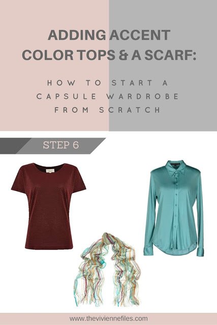 How to build a capsule wardrobe from scratch - step 6 - adding accent color tops and scarf