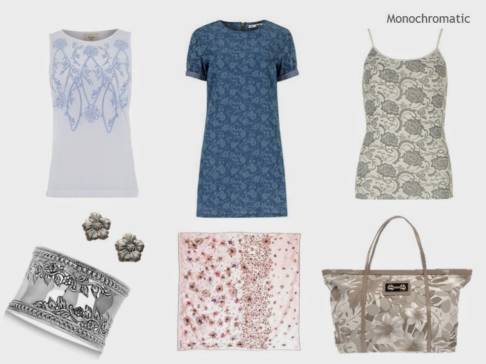 monochromatic floral prints in clothing and accessories