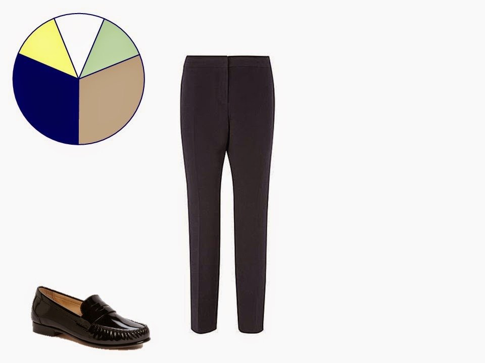navy women's trousers with classic black penny loafers