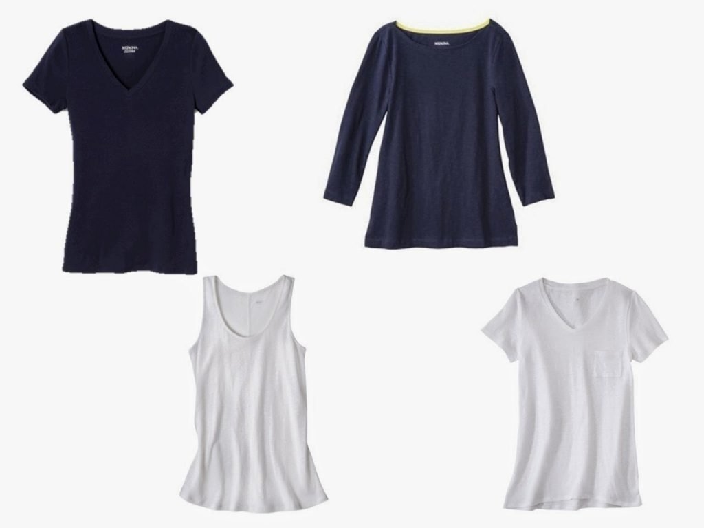 two navy tops and two white tops from Target for a navy and beige wardrobe