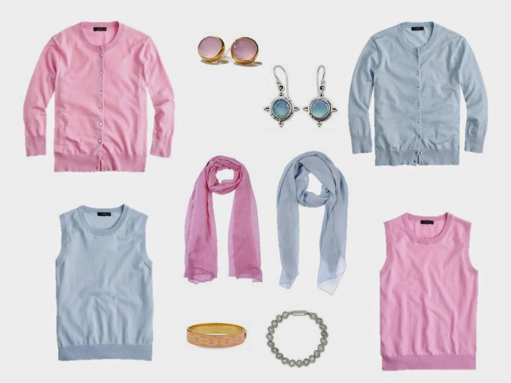 pale pink sweater set and pale blue sweater set with related accessories