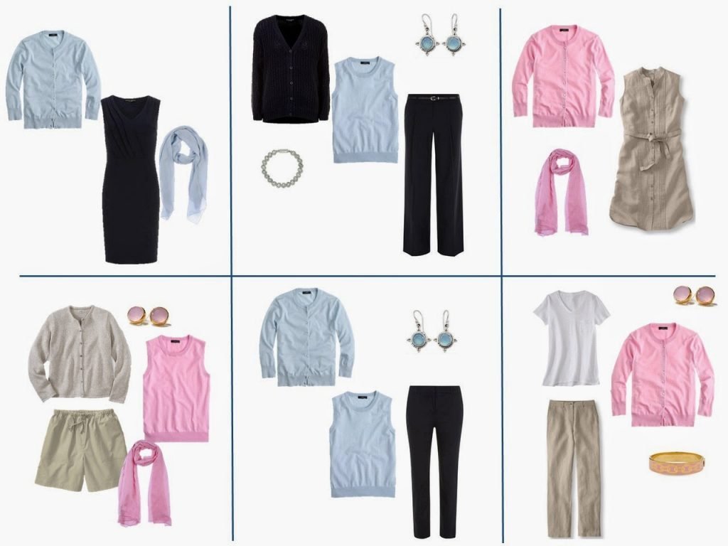 six outfits taken from a travel capsule wardrobe of navy,khaki, pink and light blue
